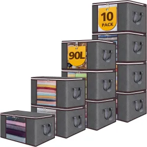 90L Large Storage Bags,10 Pack Foldable Clothes Storage Bins,Closet Organizers Storage Containers Durable Handle Thick Fabric For Bedding,Clothing, Blanket, Pillows and Toys,Grey