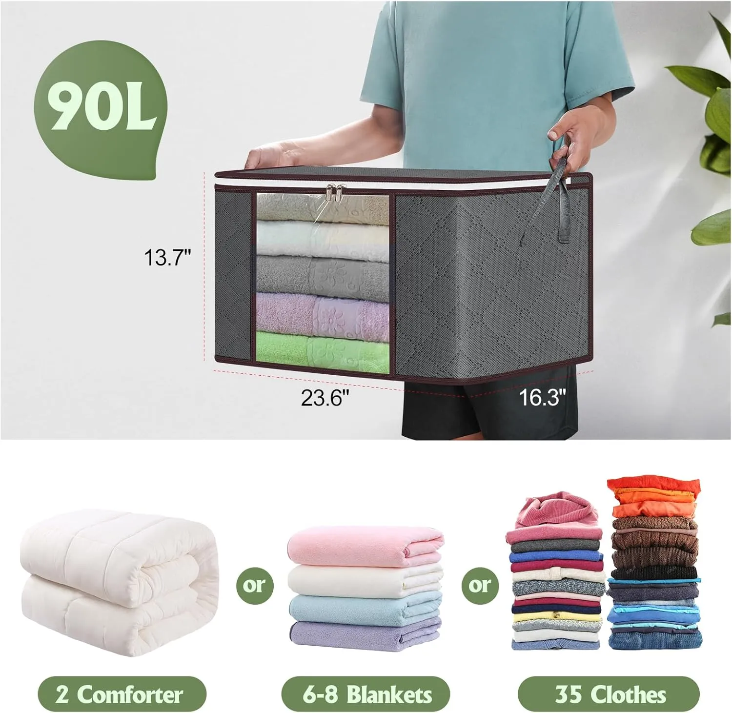 90L Large Storage Bags,10 Pack Foldable Clothes Storage Bins,Closet Organizers Storage Containers Durable Handle Thick Fabric For Bedding,Clothing, Blanket, Pillows and Toys,Grey