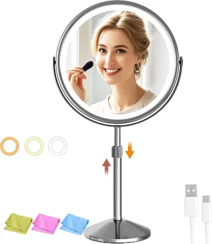 9in Makeup Mirror with Lights, 1X/10X Magnifying Mirror, Super Bright Lighted Makeup Mirror with 5000mAh Rechargeable Battery, 3 Color Lights, Adjustable Brightness, 360° Rotation
