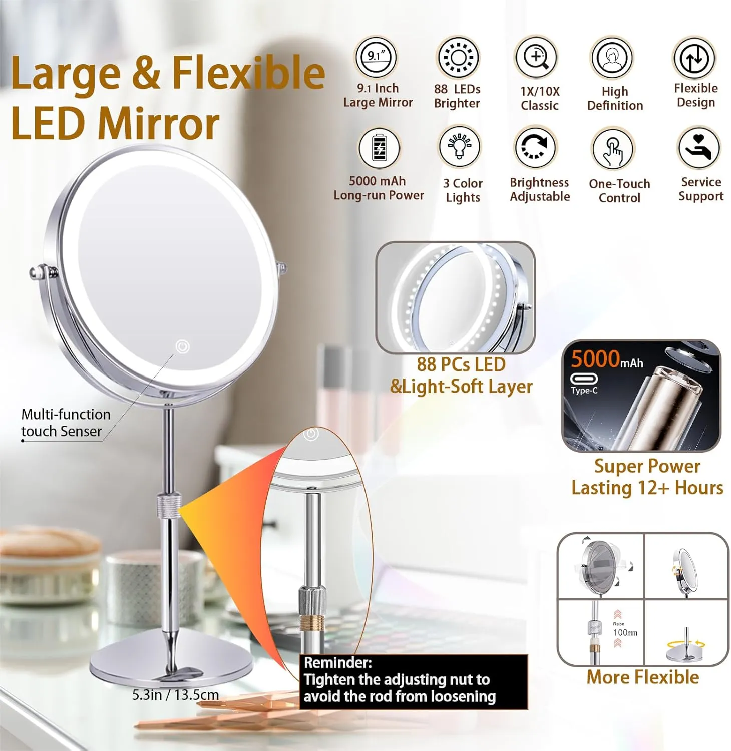 9in Makeup Mirror with Lights, 1X/10X Magnifying Mirror, Super Bright Lighted Makeup Mirror with 5000mAh Rechargeable Battery, 3 Color Lights, Adjustable Brightness, 360° Rotation