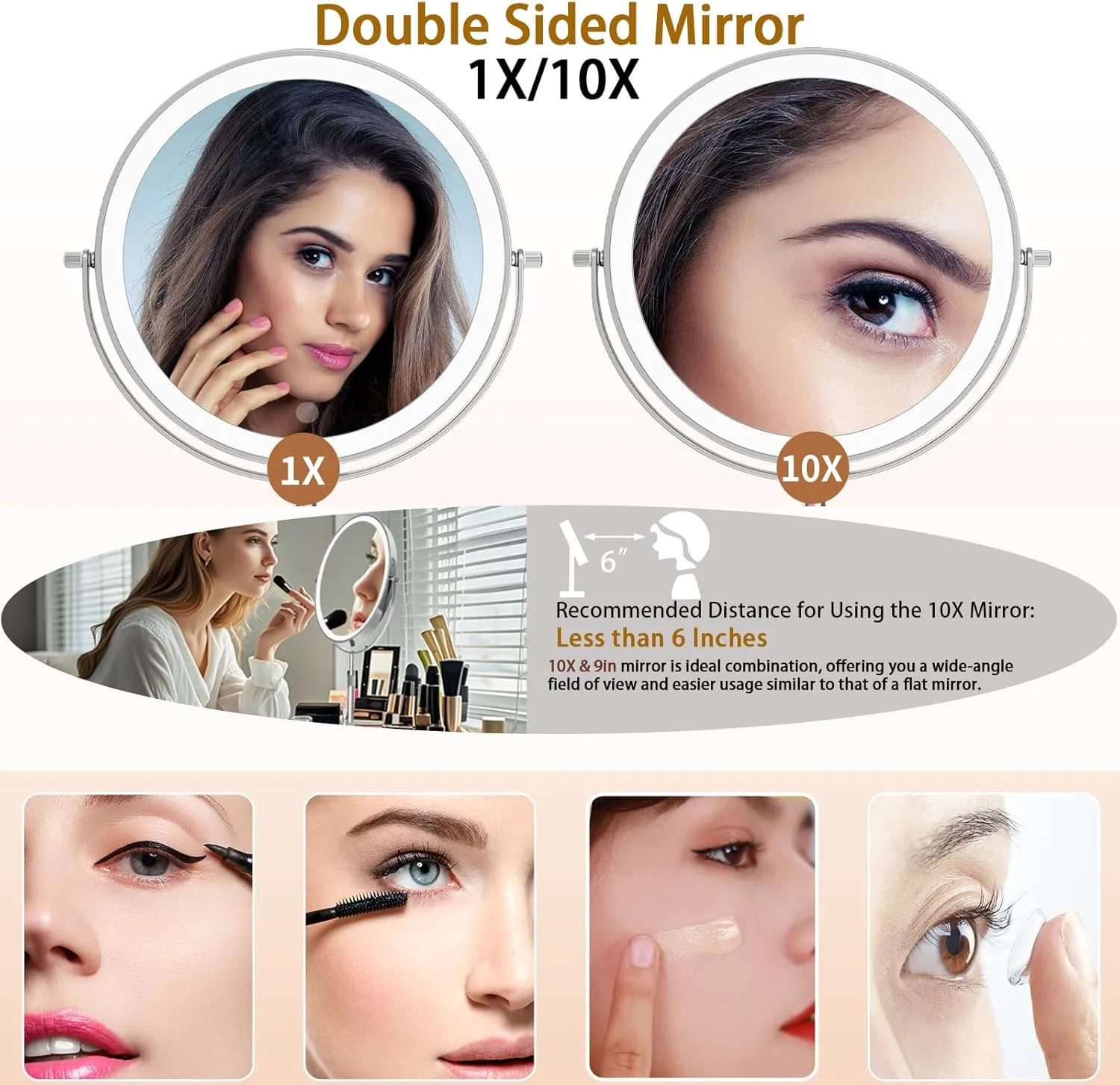 9in Makeup Mirror with Lights, 1X/10X Magnifying Mirror, Super Bright Lighted Makeup Mirror with 5000mAh Rechargeable Battery, 3 Color Lights, Adjustable Brightness, 360° Rotation