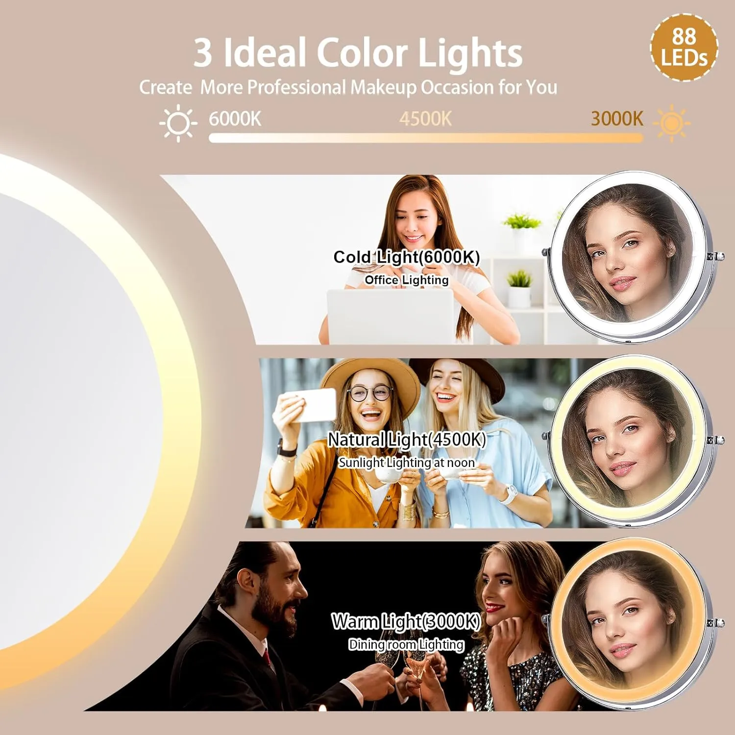 9in Makeup Mirror with Lights, 1X/10X Magnifying Mirror, Super Bright Lighted Makeup Mirror with 5000mAh Rechargeable Battery, 3 Color Lights, Adjustable Brightness, 360° Rotation