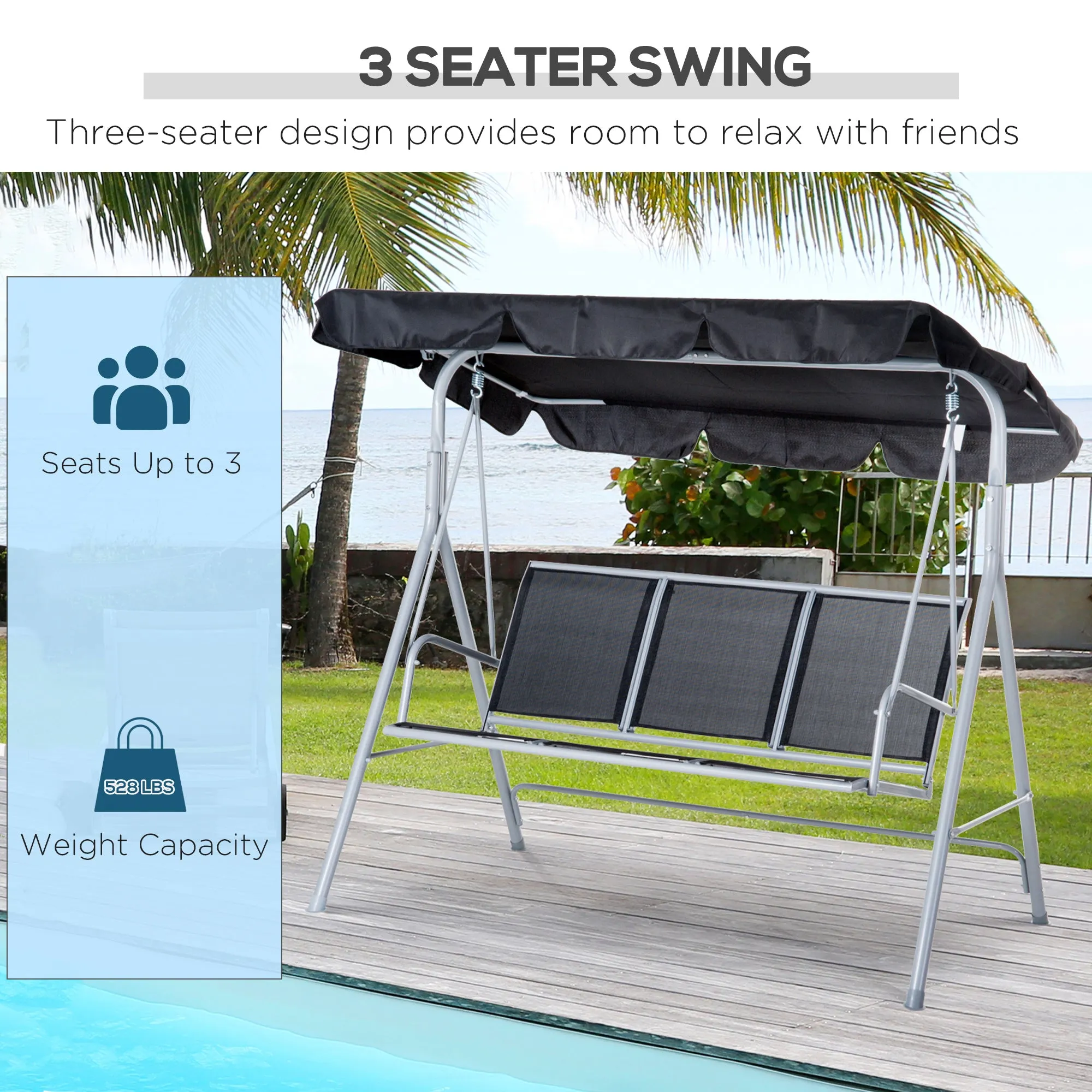 A Frame 3 Seater Swing Chair Outdoor Garden Hammock Porch Glider Bed with Canopy Cover Black