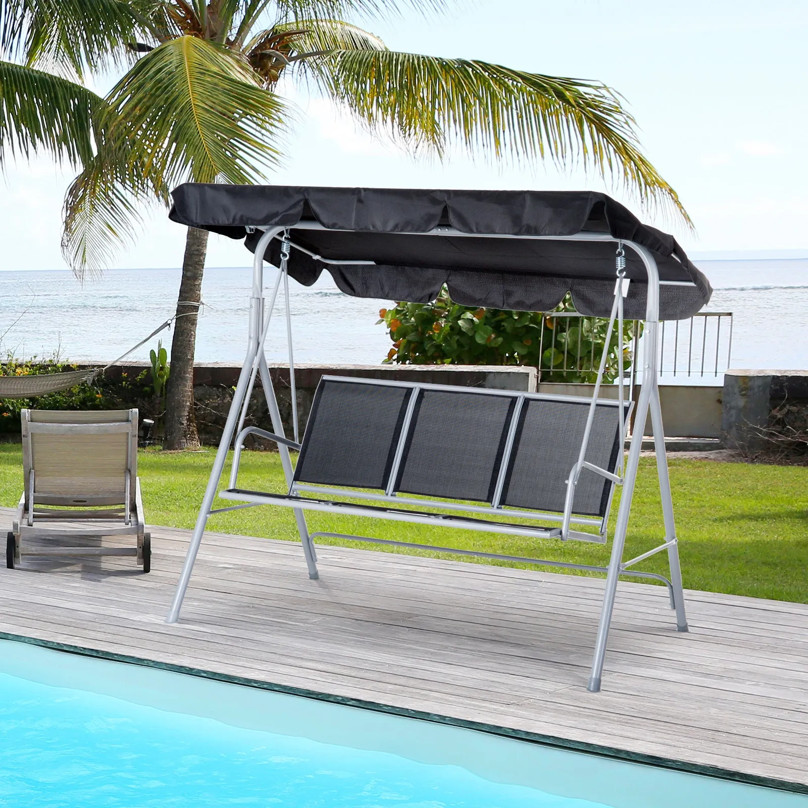 A Frame 3 Seater Swing Chair Outdoor Garden Hammock Porch Glider Bed with Canopy Cover Black