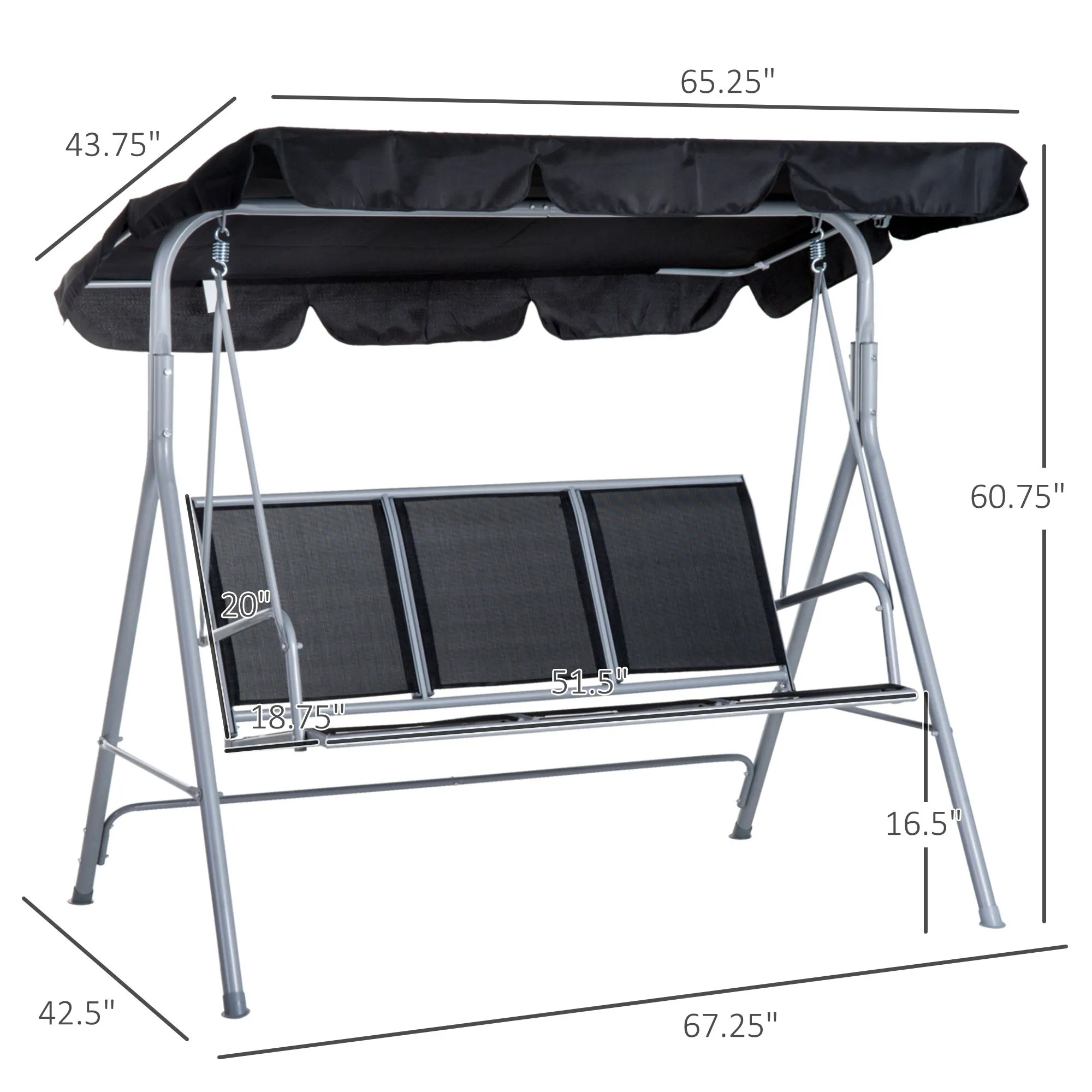 A Frame 3 Seater Swing Chair Outdoor Garden Hammock Porch Glider Bed with Canopy Cover Black