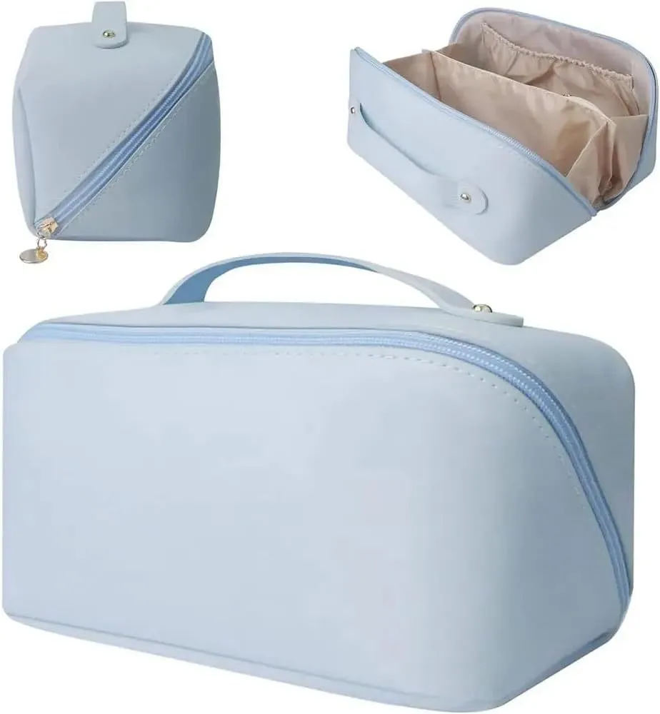 abigail&bleu Travel Makeup Bag, Large Capacity Cosmetic Bag for Women, Waterproof Portable Pouch with Divider and Handle, 9.25 x 4.53 x 4.92 inches (Blue)