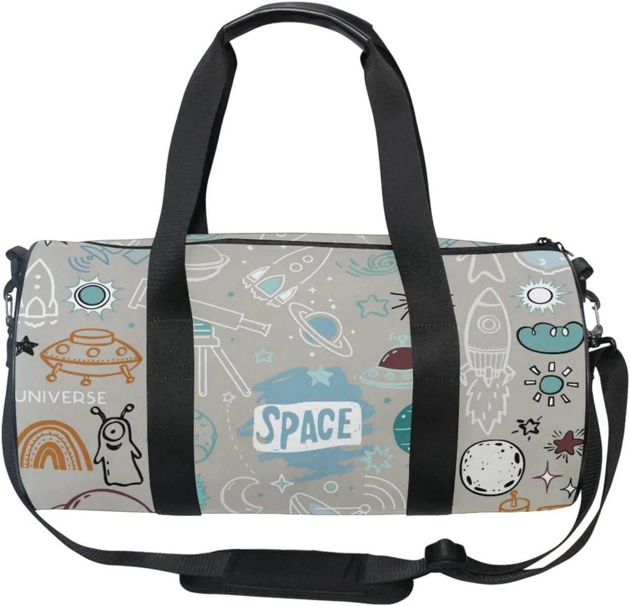 Acpiggto Gym Bag Sports Duffel Bag Grey Cartoon Space Science Universe Rocket Planet for Women Men Boys Girls Travel Luggage Bag Weekender Tote Sling Shoulder Backpack