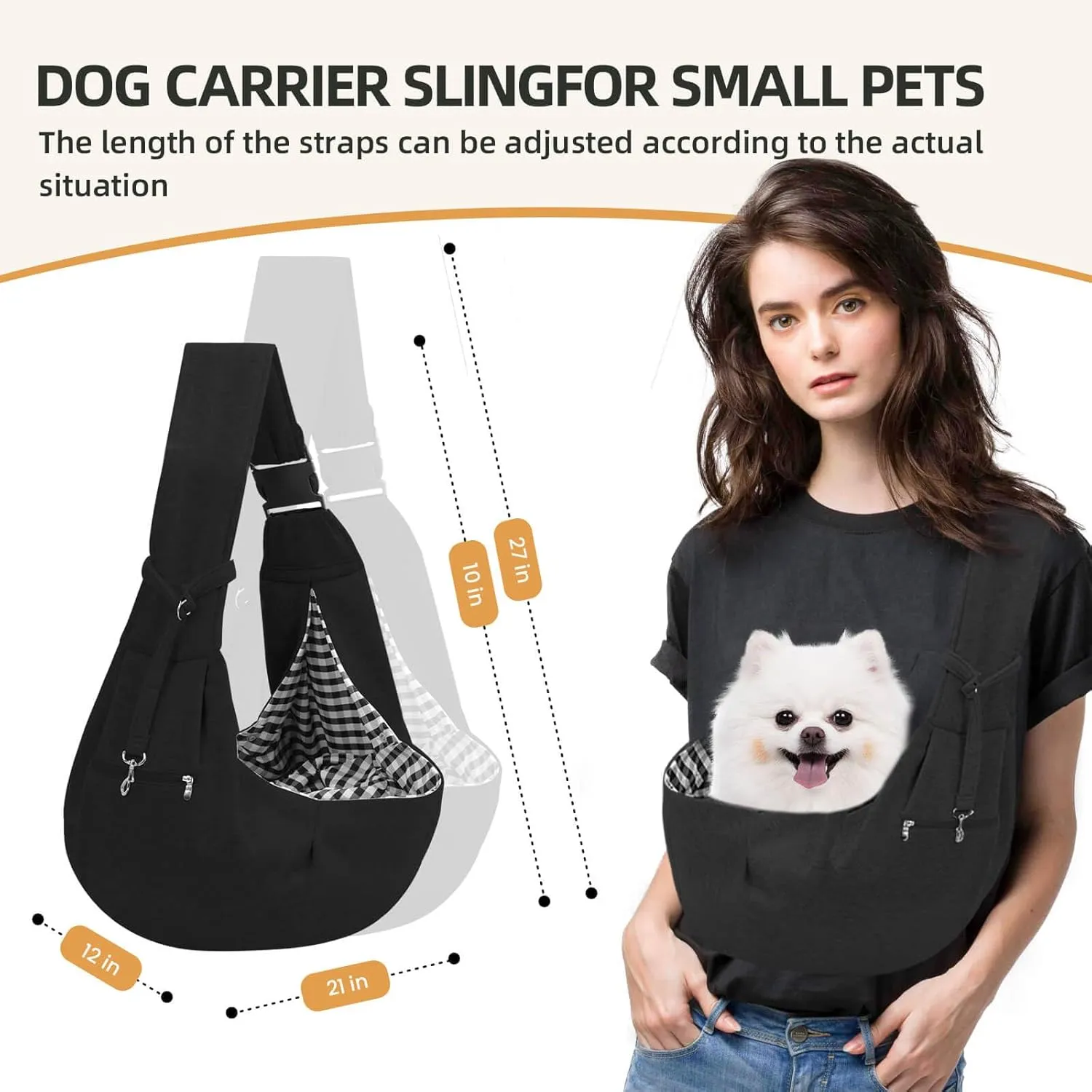Adjustable Dog Carrier Sling - Hand-Free Dog Carriers for Small Dogs and Cats, Puppy Sling Carrier with Zipper Purse Pocket, Travel Safety Harness, Puppy Essentials (Black)