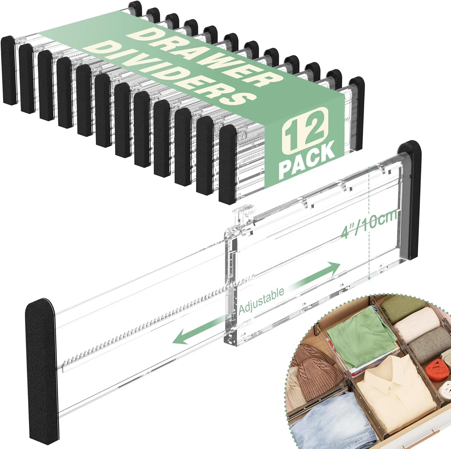 Adjustable Drawer Dividers, 4'' High Expandable Drawer Organizers for Clothes, 12 Pack 12.6-22.8'' Drawer Separators for Kitchen/Bedroom/Office/Bathroom Organization and Storage