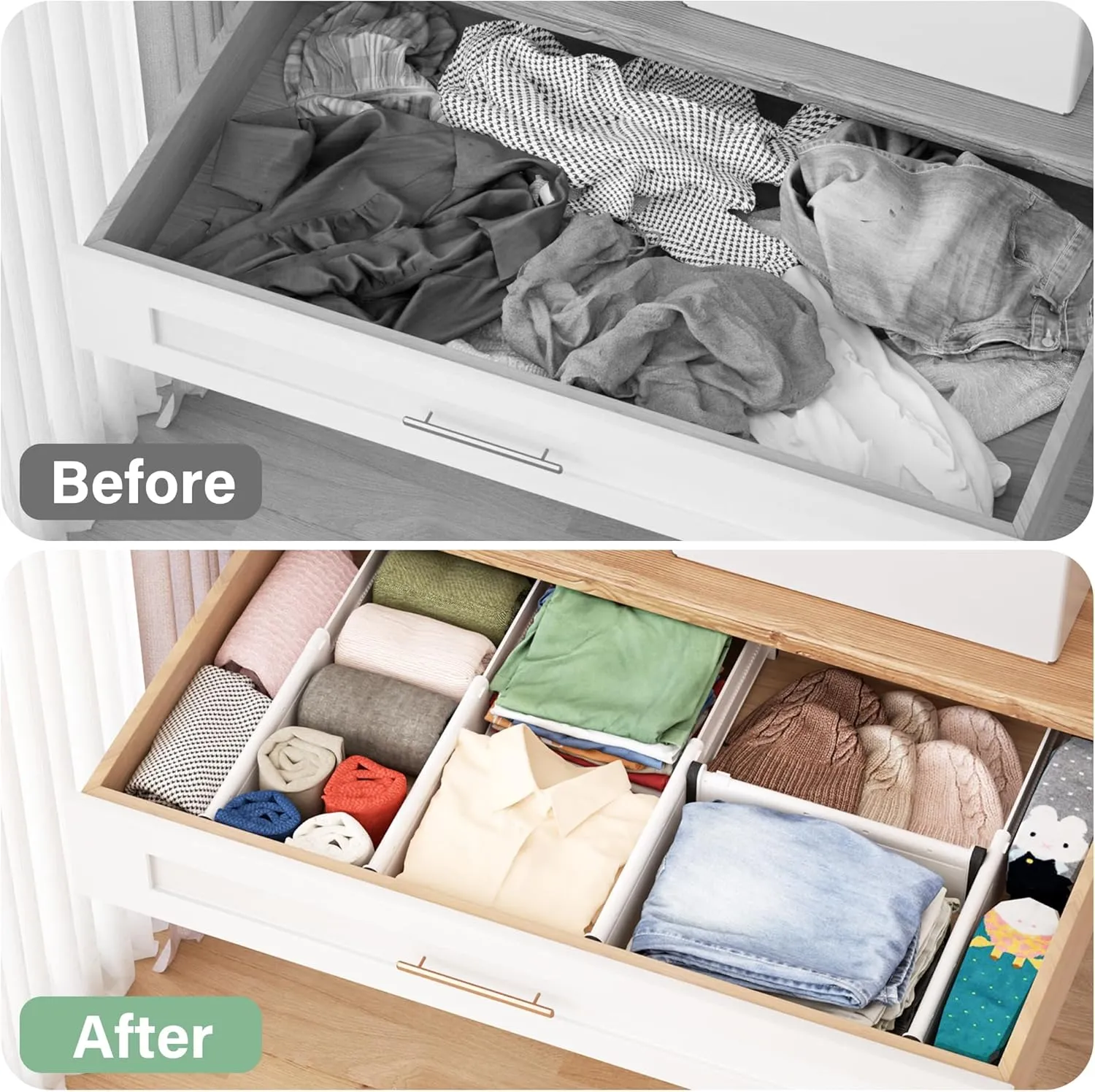 Adjustable Drawer Dividers, 4'' High Expandable Drawer Organizers for Clothes, 12 Pack 12.6-22.8'' Drawer Separators for Kitchen/Bedroom/Office/Bathroom Organization and Storage
