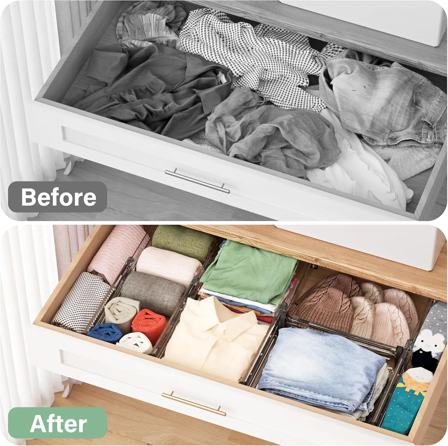 Adjustable Drawer Dividers, 4'' High Expandable Drawer Organizers for Clothes, 12 Pack 12.6-22.8'' Drawer Separators for Kitchen/Bedroom/Office/Bathroom Organization and Storage