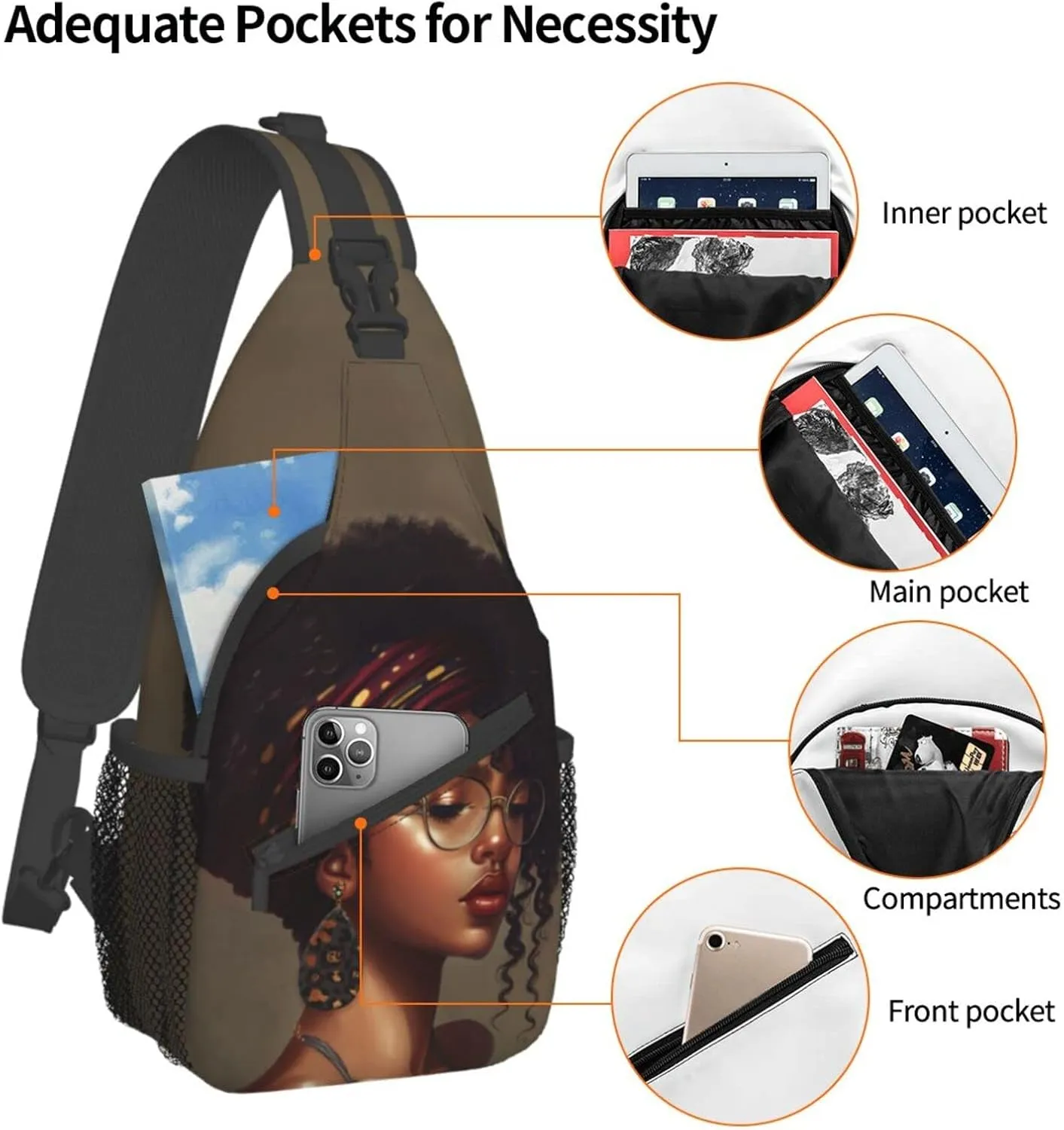 African American women Sling Bag Crossbody Women Men Travel Chest Backpack Leisure Sports Outdoor Running Hiking One Size