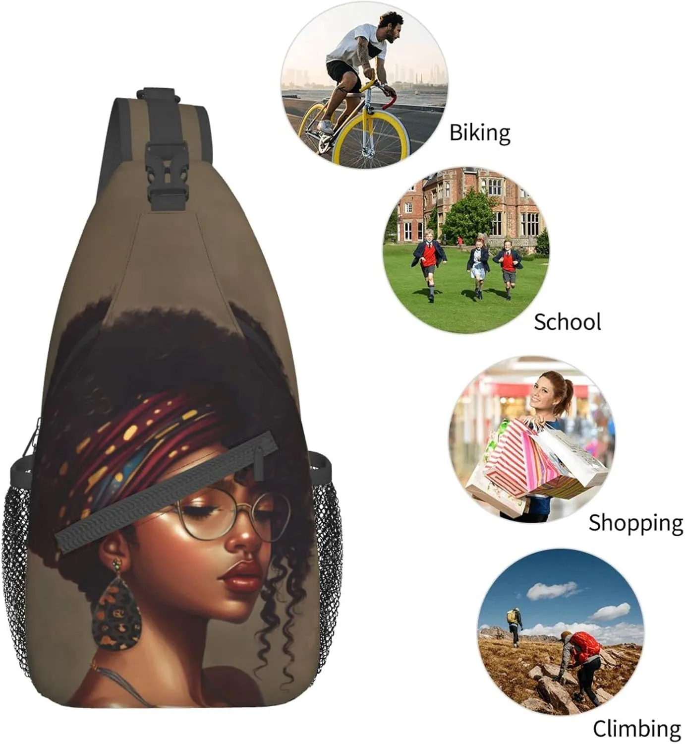 African American women Sling Bag Crossbody Women Men Travel Chest Backpack Leisure Sports Outdoor Running Hiking One Size