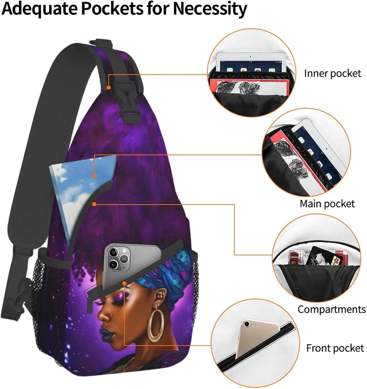 Afro African American Woman With Purple Hair Sling Bag Crossbody Women Men Travel Chest Backpack Leisure Sports Outdoor Running Hiking One Size