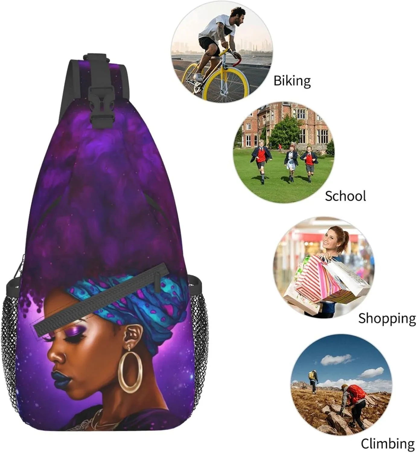 Afro African American Woman With Purple Hair Sling Bag Crossbody Women Men Travel Chest Backpack Leisure Sports Outdoor Running Hiking One Size