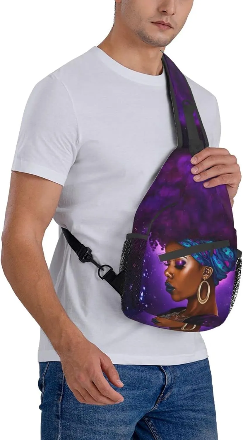 Afro African American Woman With Purple Hair Sling Bag Crossbody Women Men Travel Chest Backpack Leisure Sports Outdoor Running Hiking One Size