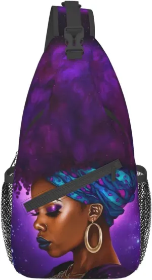 Afro African American Woman With Purple Hair Sling Bag Crossbody Women Men Travel Chest Backpack Leisure Sports Outdoor Running Hiking One Size