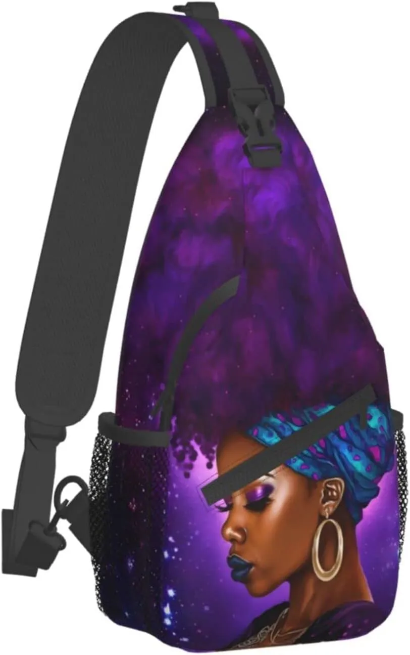 Afro African American Woman With Purple Hair Sling Bag Crossbody Women Men Travel Chest Backpack Leisure Sports Outdoor Running Hiking One Size