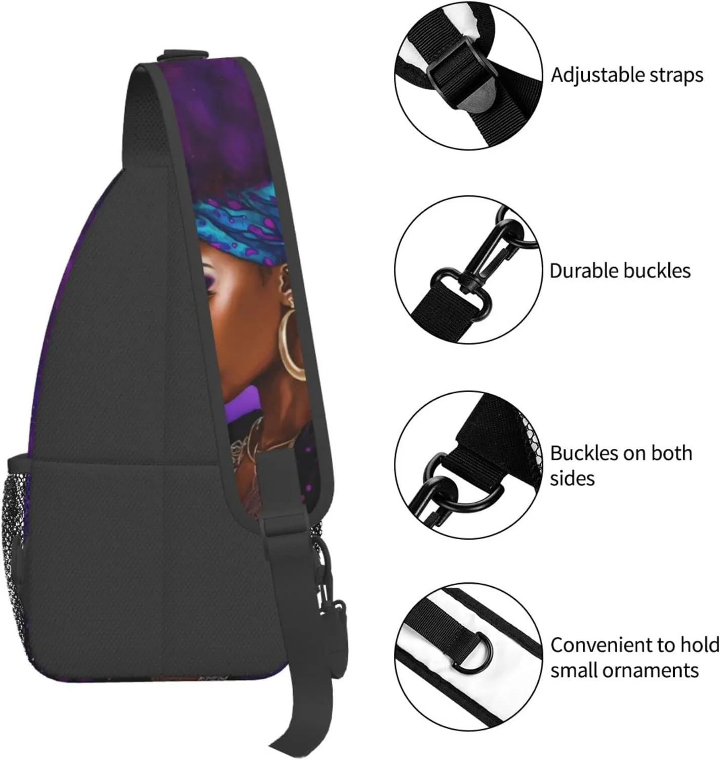 Afro African American Woman With Purple Hair Sling Bag Crossbody Women Men Travel Chest Backpack Leisure Sports Outdoor Running Hiking One Size