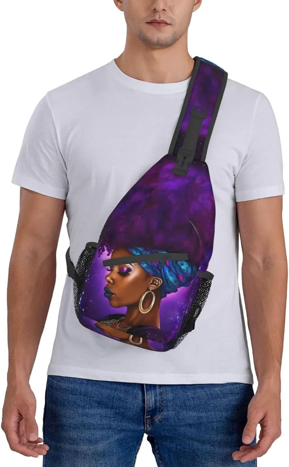 Afro African American Woman With Purple Hair Sling Bag Crossbody Women Men Travel Chest Backpack Leisure Sports Outdoor Running Hiking One Size