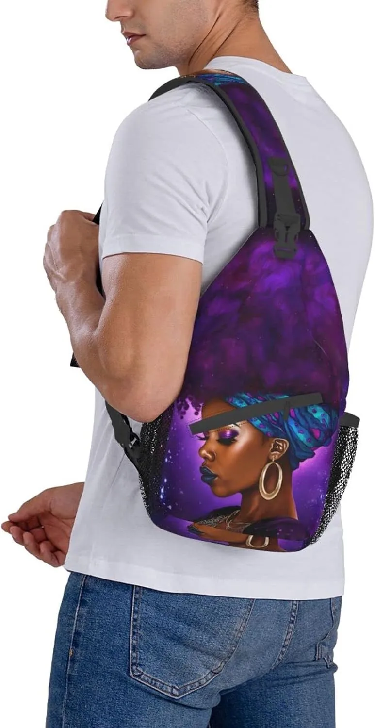 Afro African American Woman With Purple Hair Sling Bag Crossbody Women Men Travel Chest Backpack Leisure Sports Outdoor Running Hiking One Size