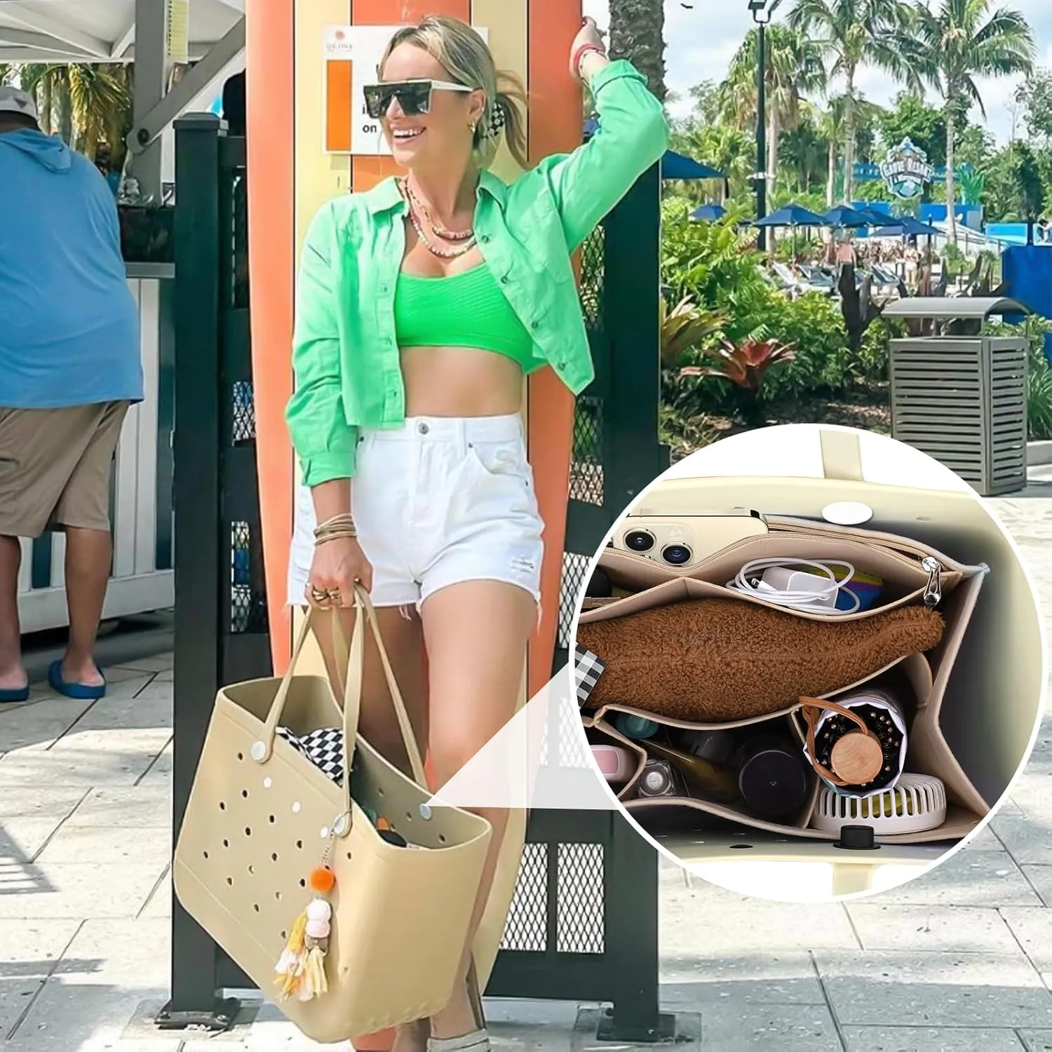 AIERSA Rubber Beach Bag Organizer Compatible with Bogg Bag/Simply Southern Tote, Felt Insert Divider Pouch Zipper for Bags Accessories, 7 Pocekets, X Large Size -Beige