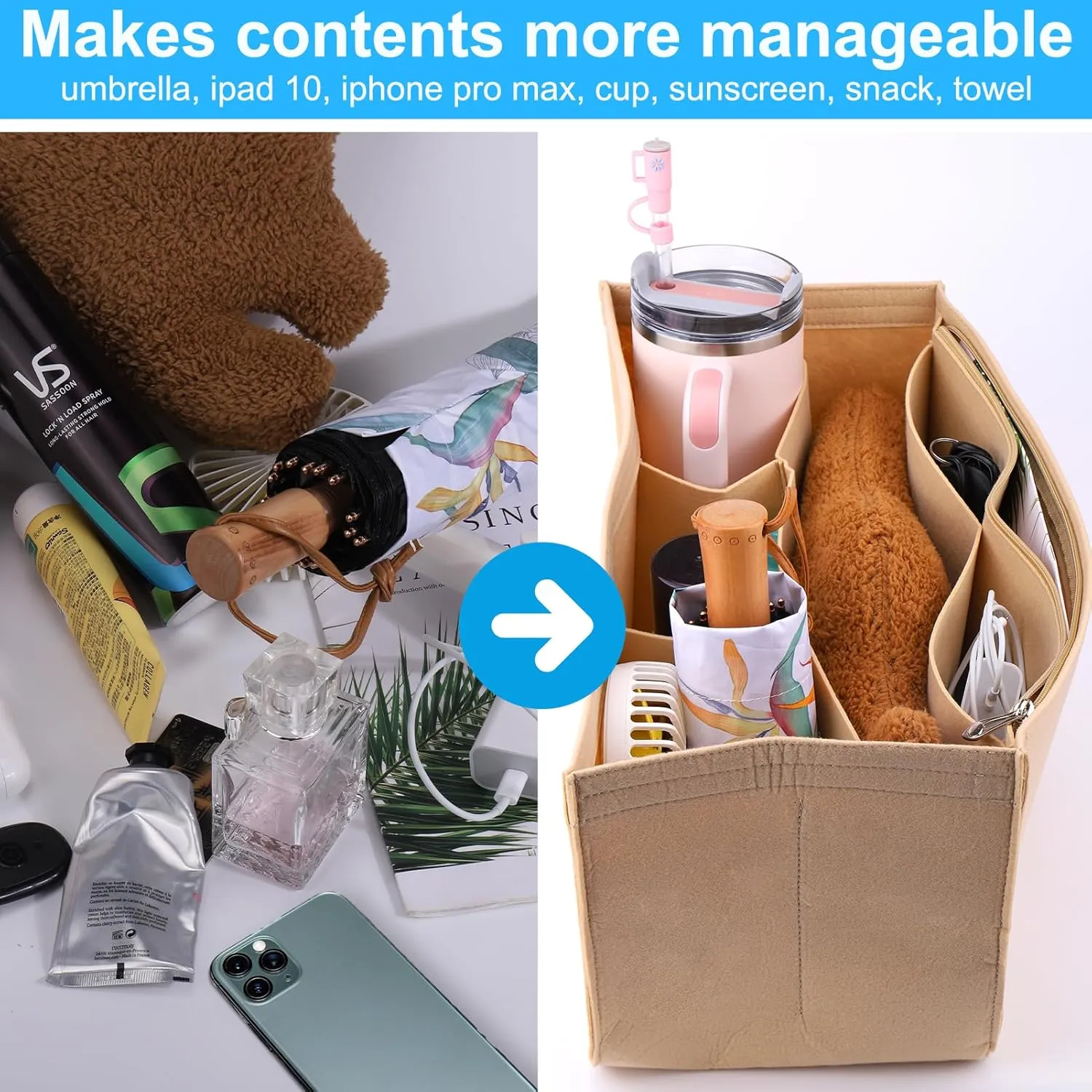 AIERSA Rubber Beach Bag Organizer Compatible with Bogg Bag/Simply Southern Tote, Felt Insert Divider Pouch Zipper for Bags Accessories, 7 Pocekets, X Large Size -Beige