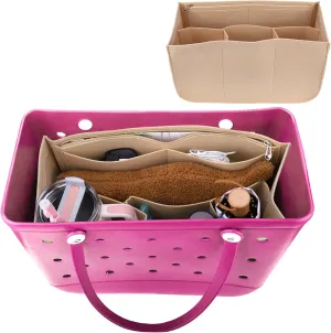 AIERSA Rubber Beach Bag Organizer Compatible with Bogg Bag/Simply Southern Tote, Felt Insert Divider Pouch Zipper for Bags Accessories, 7 Pocekets, X Large Size -Beige