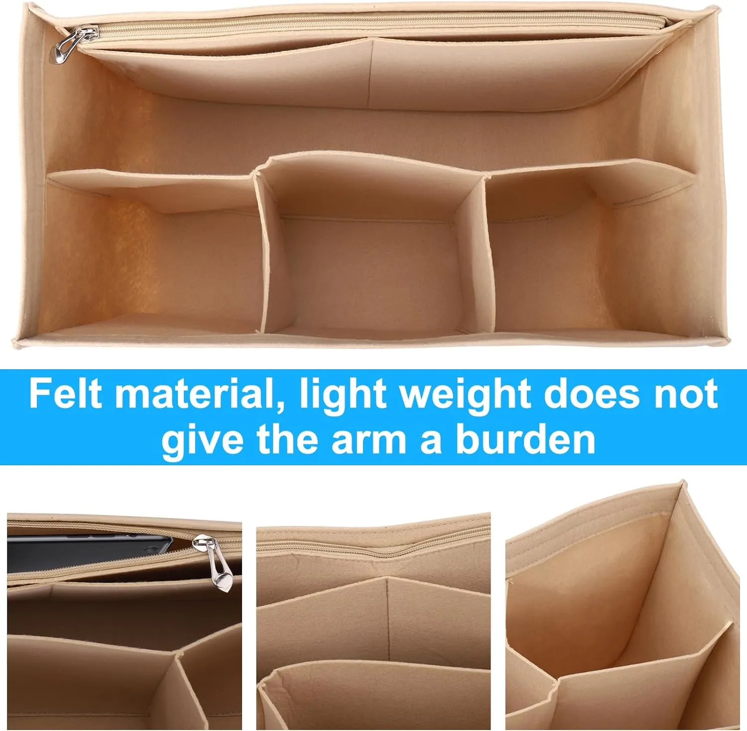 AIERSA Rubber Beach Bag Organizer Compatible with Bogg Bag/Simply Southern Tote, Felt Insert Divider Pouch Zipper for Bags Accessories, 7 Pocekets, X Large Size -Beige
