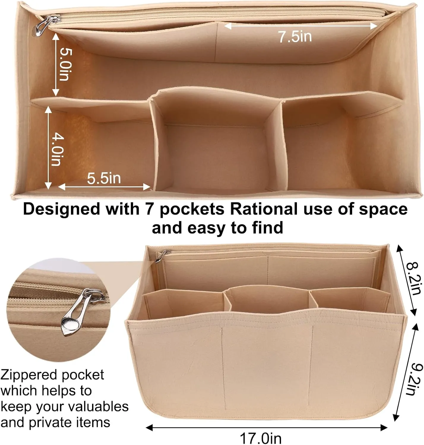 AIERSA Rubber Beach Bag Organizer Compatible with Bogg Bag/Simply Southern Tote, Felt Insert Divider Pouch Zipper for Bags Accessories, 7 Pocekets, X Large Size -Beige