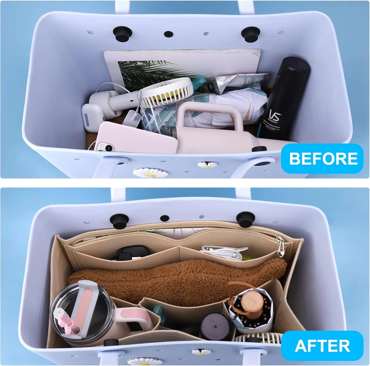AIERSA Rubber Beach Bag Organizer Compatible with Bogg Bag/Simply Southern Tote, Felt Insert Divider Pouch Zipper for Bags Accessories, 7 Pocekets, X Large Size -Beige