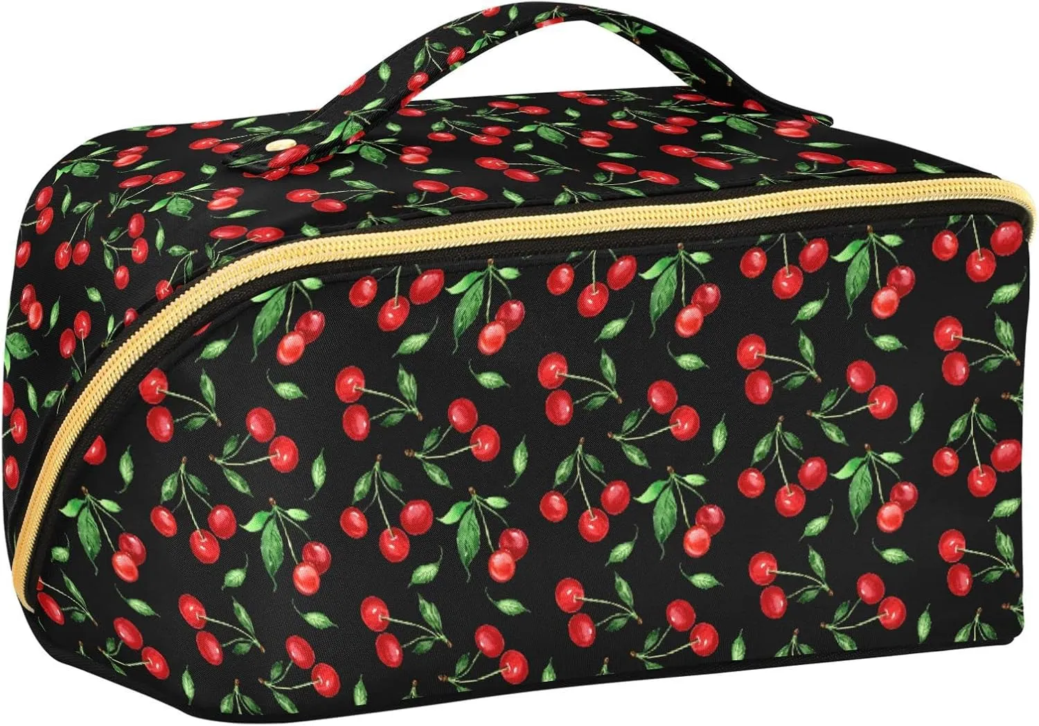 ALAZA Cherry Green Leaves Makeup Bag Travel Cosmetic Bag Portable Zipper Cosmetic Pouch with Handle and Divider for Women Collage Dorm Business Trip