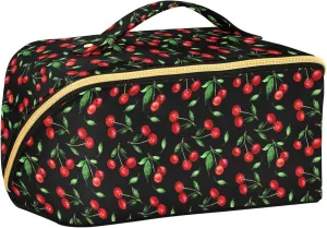 ALAZA Cherry Green Leaves Makeup Bag Travel Cosmetic Bag Portable Zipper Cosmetic Pouch with Handle and Divider for Women Collage Dorm Business Trip