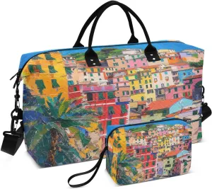 ALAZA Colorful Houses Cinque Terre Italy Travel Duffel Bag Gym Bag Sports Tote Bag Weekender Overnight Travel Bag for Women Men Business Trip Workout