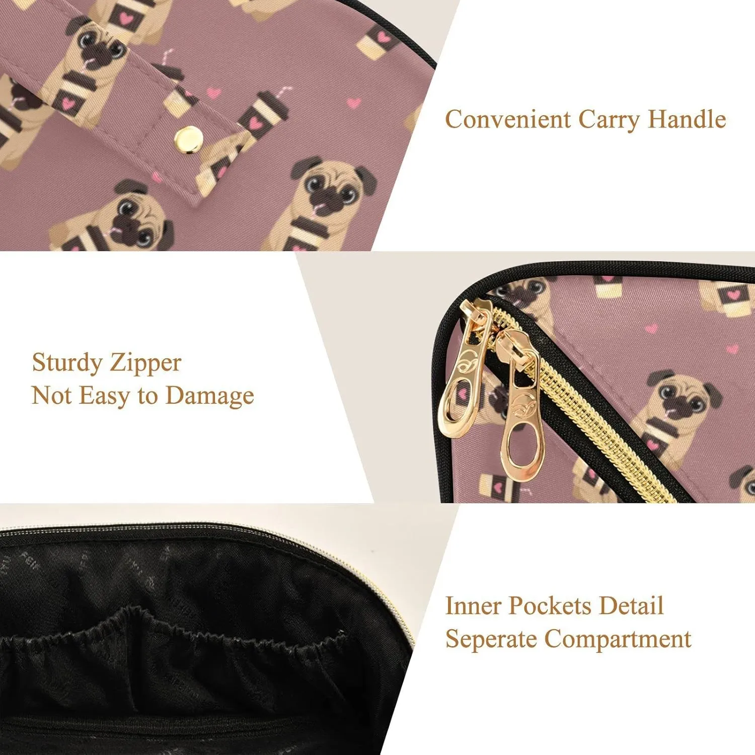 ALAZA Pug Dog with Coffee Pattern Makeup Bag Travel Cosmetic Bag Portable Zipper Cosmetic Pouch with Handle and Divider for Women Collage Dorm Business Trip