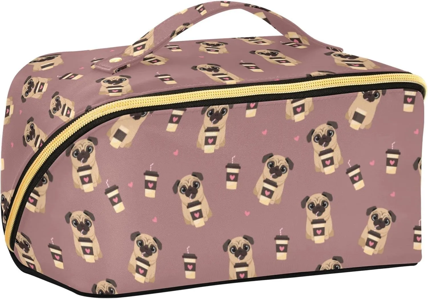 ALAZA Pug Dog with Coffee Pattern Makeup Bag Travel Cosmetic Bag Portable Zipper Cosmetic Pouch with Handle and Divider for Women Collage Dorm Business Trip