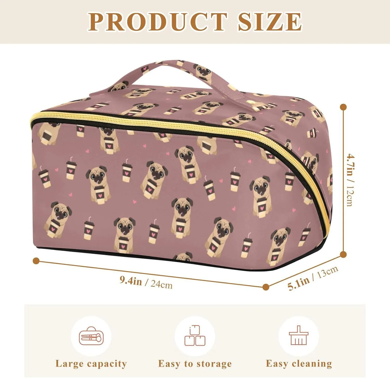 ALAZA Pug Dog with Coffee Pattern Makeup Bag Travel Cosmetic Bag Portable Zipper Cosmetic Pouch with Handle and Divider for Women Collage Dorm Business Trip