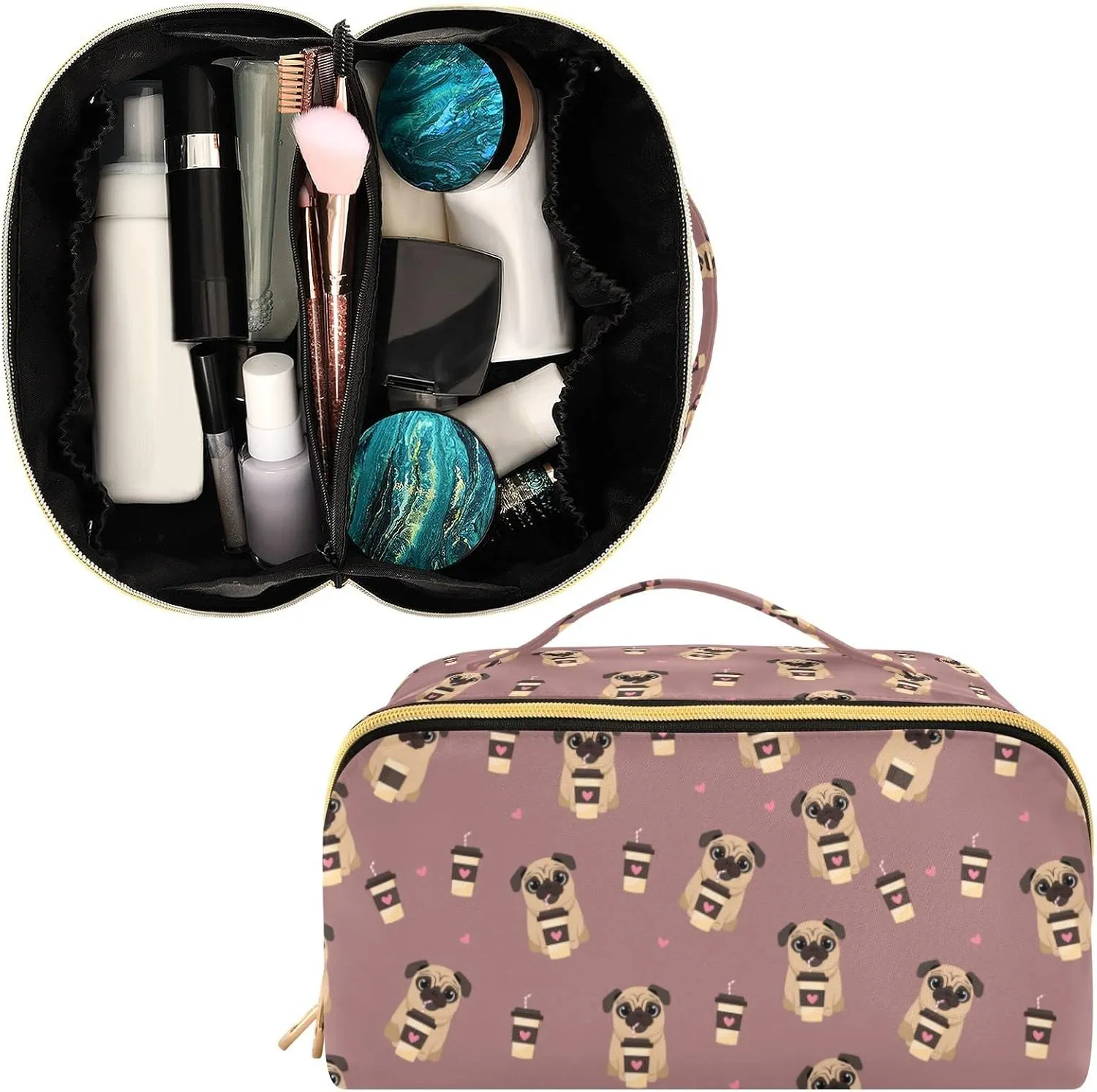 ALAZA Pug Dog with Coffee Pattern Makeup Bag Travel Cosmetic Bag Portable Zipper Cosmetic Pouch with Handle and Divider for Women Collage Dorm Business Trip