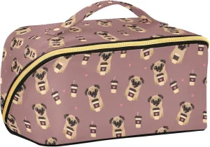 ALAZA Pug Dog with Coffee Pattern Makeup Bag Travel Cosmetic Bag Portable Zipper Cosmetic Pouch with Handle and Divider for Women Collage Dorm Business Trip
