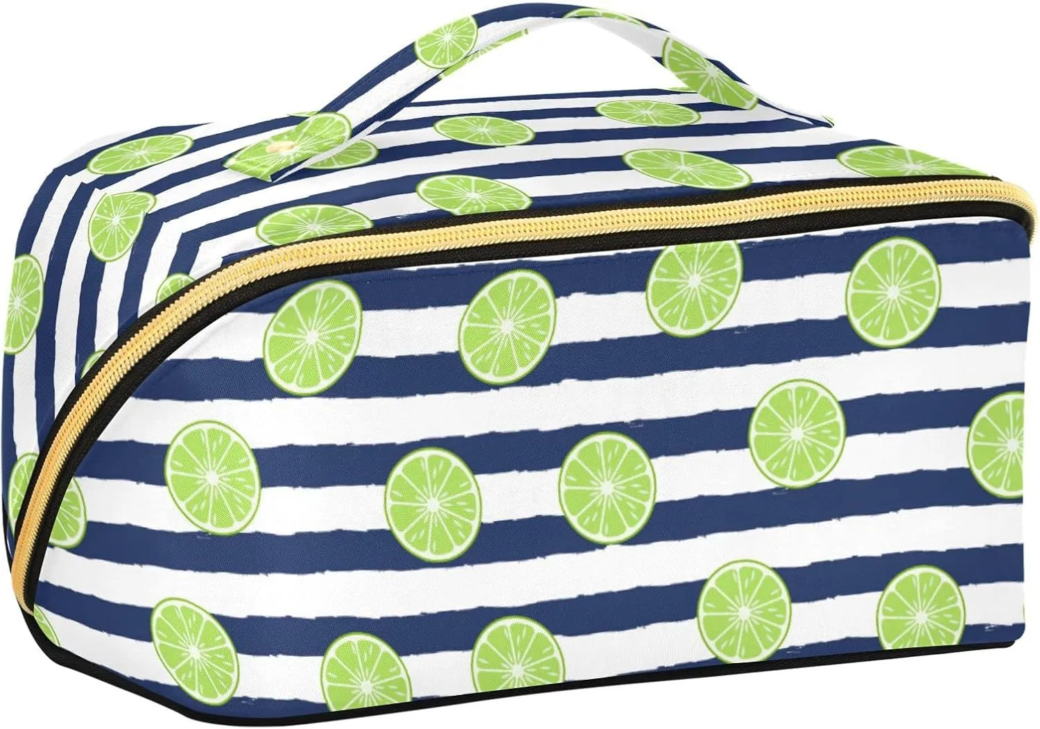 ALAZA Tropical Lime Slice Stripe Makeup Bag Travel Cosmetic Bag Portable Zipper Cosmetic Pouch with Handle and Divider for Women Collage Dorm Business Trip