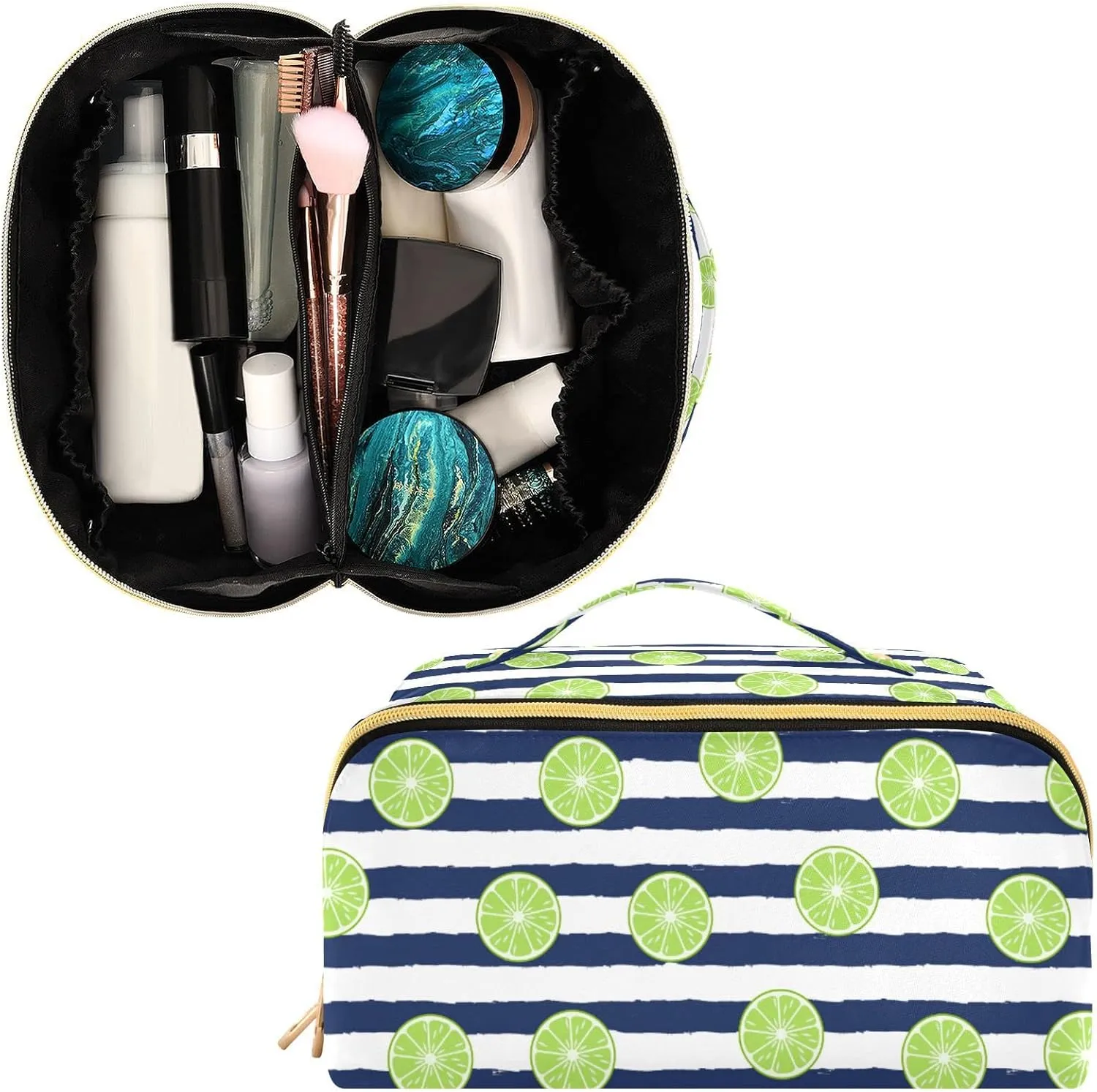 ALAZA Tropical Lime Slice Stripe Makeup Bag Travel Cosmetic Bag Portable Zipper Cosmetic Pouch with Handle and Divider for Women Collage Dorm Business Trip