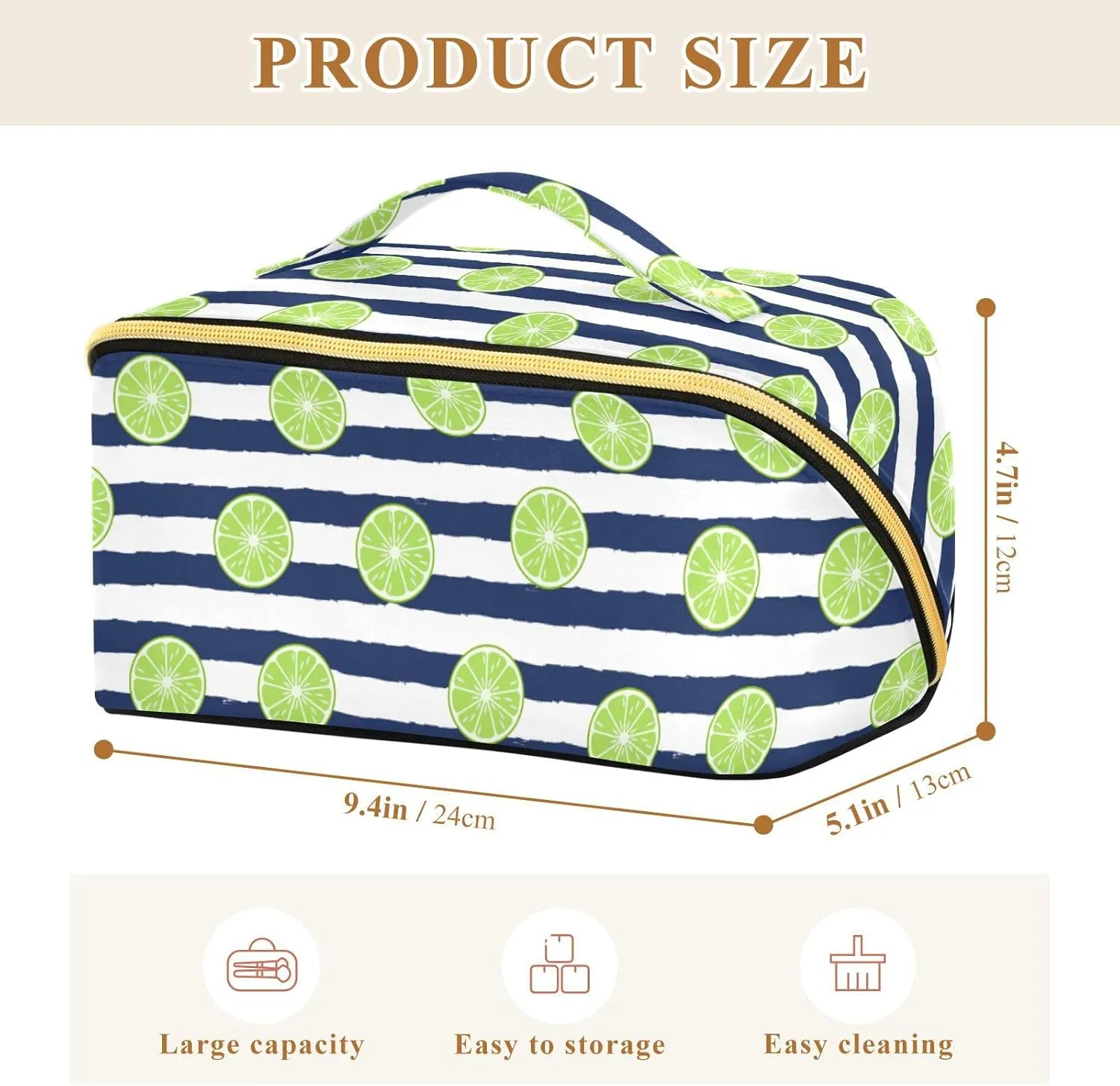 ALAZA Tropical Lime Slice Stripe Makeup Bag Travel Cosmetic Bag Portable Zipper Cosmetic Pouch with Handle and Divider for Women Collage Dorm Business Trip