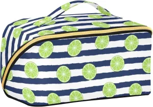 ALAZA Tropical Lime Slice Stripe Makeup Bag Travel Cosmetic Bag Portable Zipper Cosmetic Pouch with Handle and Divider for Women Collage Dorm Business Trip
