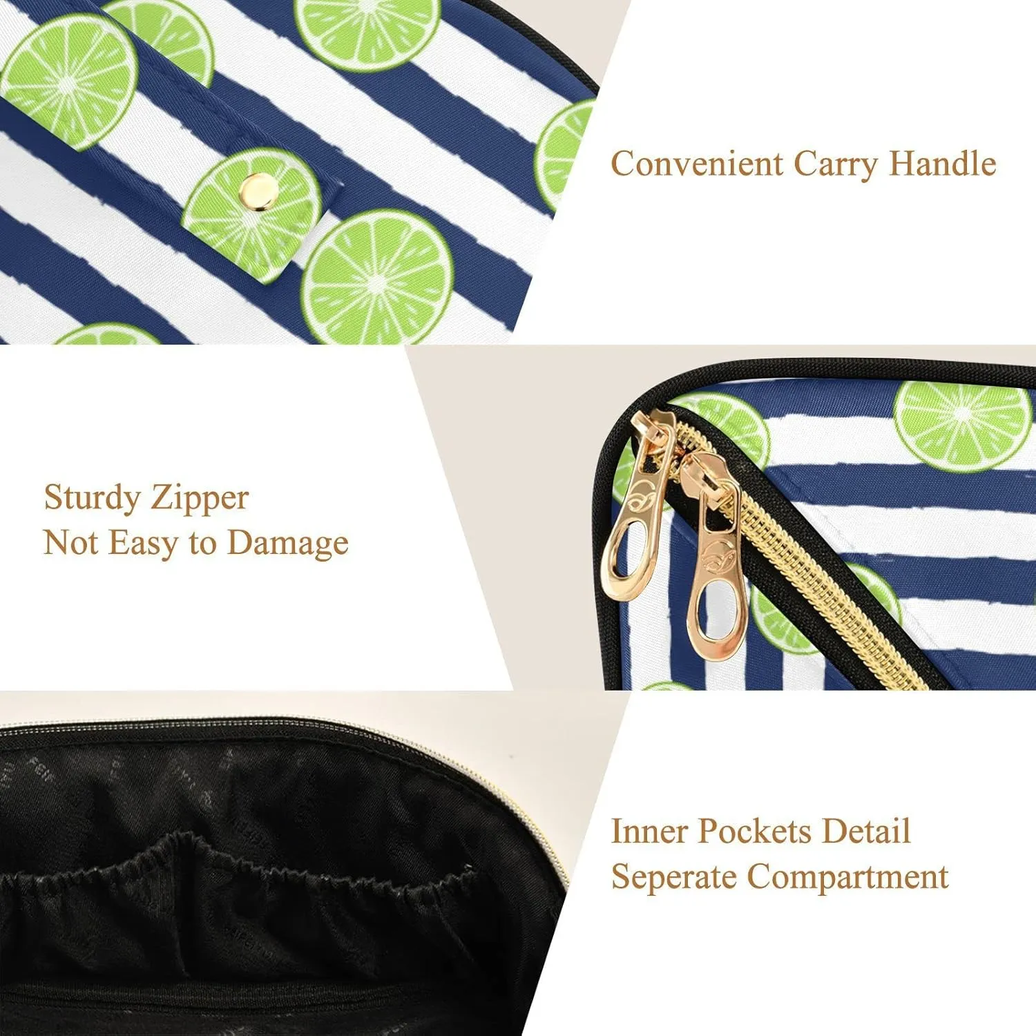ALAZA Tropical Lime Slice Stripe Makeup Bag Travel Cosmetic Bag Portable Zipper Cosmetic Pouch with Handle and Divider for Women Collage Dorm Business Trip
