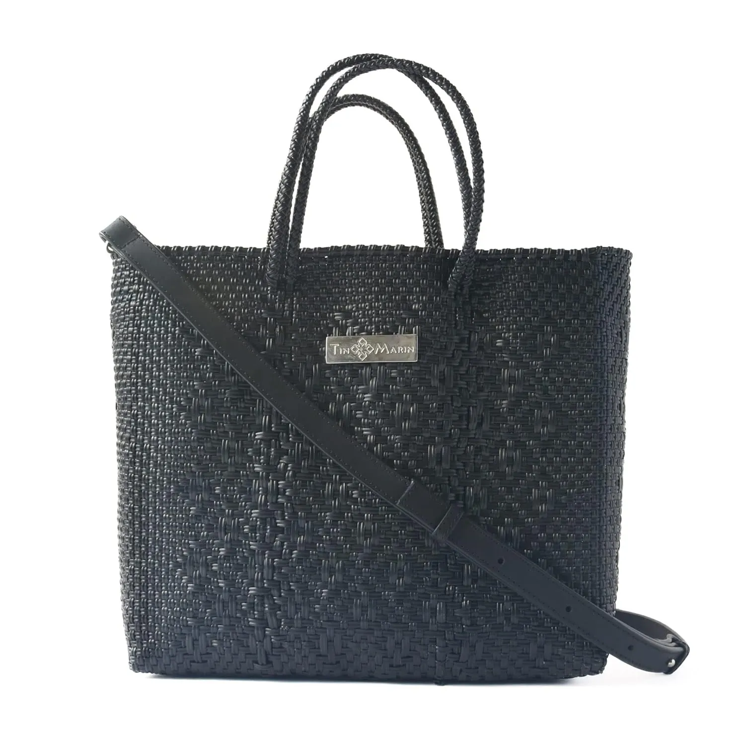 All Black Large Woven Crossbody Bag, Leather Shoulder Strap, Handwoven Recycled Plastic Tote, Mexican Woven Purse, Summer Bag, Beach Tote, Work Bag