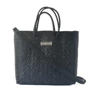 All Black Large Woven Crossbody Bag, Leather Shoulder Strap, Handwoven Recycled Plastic Tote, Mexican Woven Purse, Summer Bag, Beach Tote, Work Bag