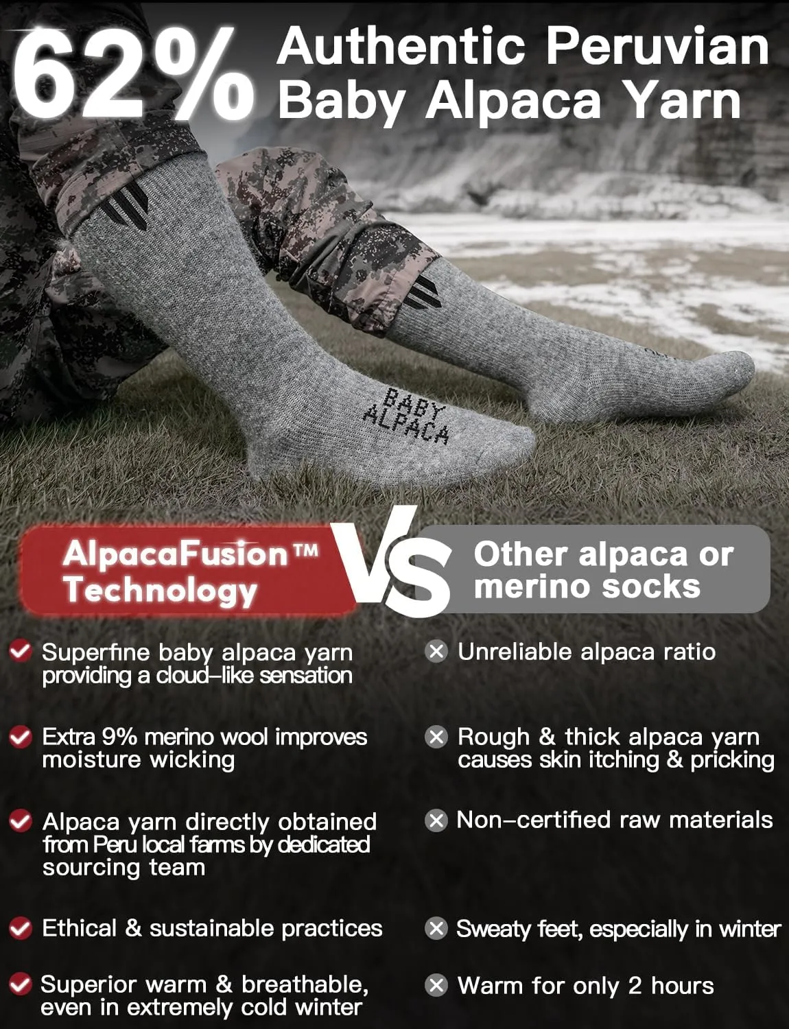 Alpaca Wool Boot Socks 2 pairs for Men and Women,Heavyweight Thick Thermal Socks Cold Weather Hunting Hiking,Moisture Wicking
