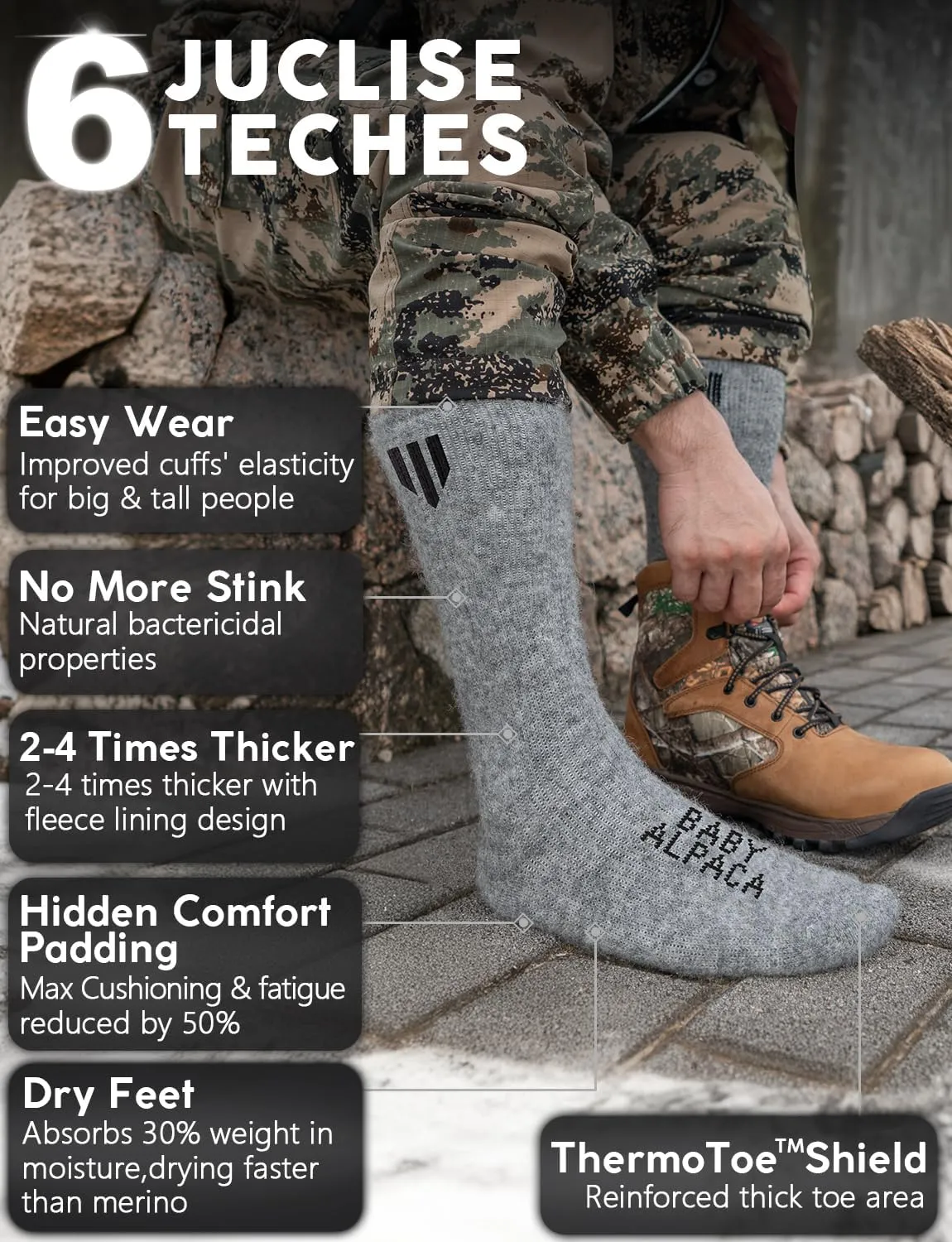 Alpaca Wool Boot Socks 2 pairs for Men and Women,Heavyweight Thick Thermal Socks Cold Weather Hunting Hiking,Moisture Wicking