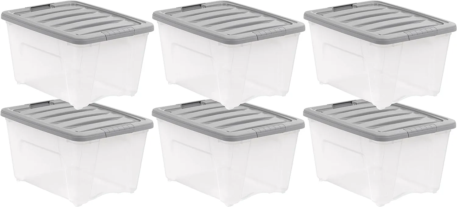Amazon Basics Plastic Storage Bins with Latching Lids, Stackable, 32 Quart, Clear/Grey, Set of 6