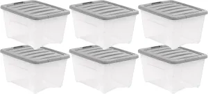 Amazon Basics Plastic Storage Bins with Latching Lids, Stackable, 32 Quart, Clear/Grey, Set of 6